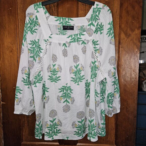 LANE BRYANT Sz18/20 White Green Boho Peasant Blouse Square Neck Tropical Floral - Picture 1 of 4